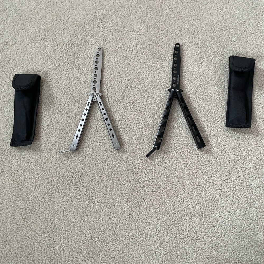 Moon Boat Butterfly Knife Trainers (Balisong Practice Tools) - Black and Sliver